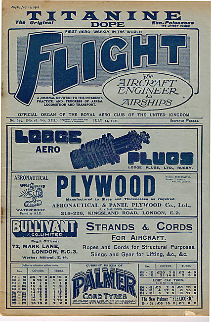 Flight  Magazine Cover July 14th 1921 - Palmer Tyres - Lodge Plug