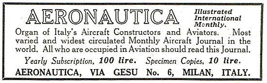 Aeronautica Illustrated Monthly Magazine - 100 Lire Yearly       