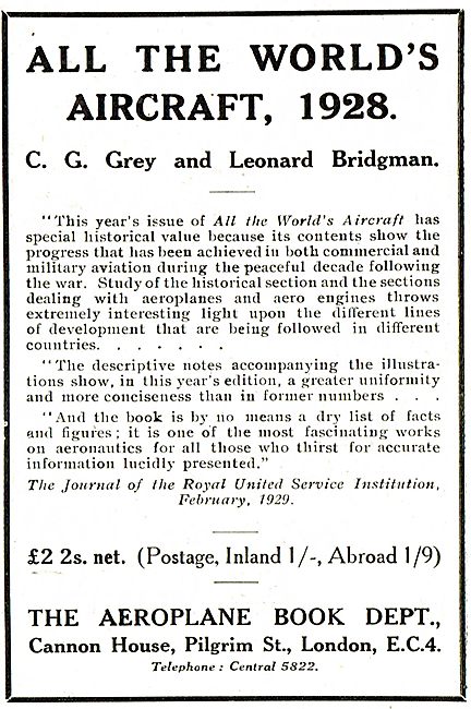 All The World's Aircraft 1928. C.G Grey & Leonard Bridgman       