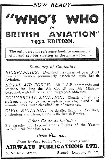 Who's Who In British Aviation 1932 Edition                       