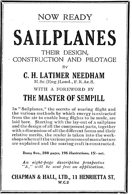 Sailplanes Their Design & Construction By C.H.Latimer Needham    