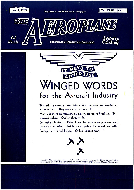 The Aeroplane Magazine Cover January 4th 1933                    