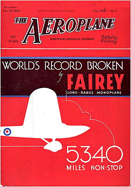 Aeroplane Magazine Cover Feb 1933 - Fairey Long Range Monoplane  