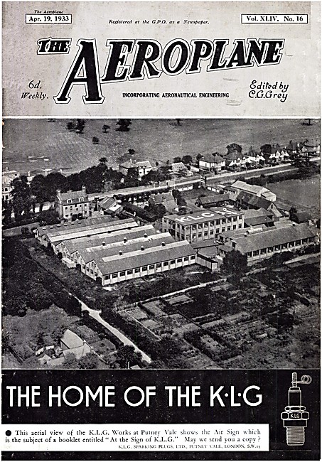 The Aeroplane Magazine Cover April 19th 1933 - KLG Spark Plugs   