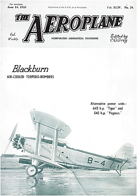 The Aeroplane Magazine Cover June 14th 1933  - Blackburn Torpedo 