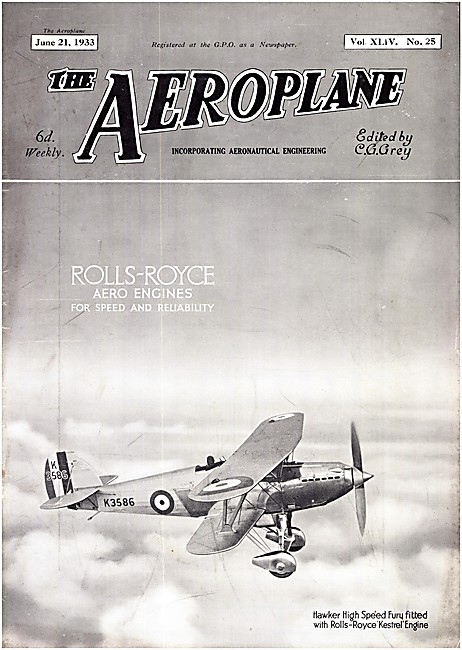 The Aeroplane Magazine Cover June 21st 1933  - Hawker Fury       