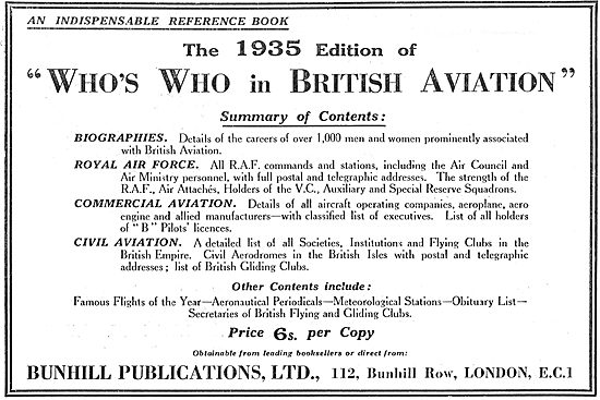 Who's Who In British Aviation 1935 - Bunhill Publications        