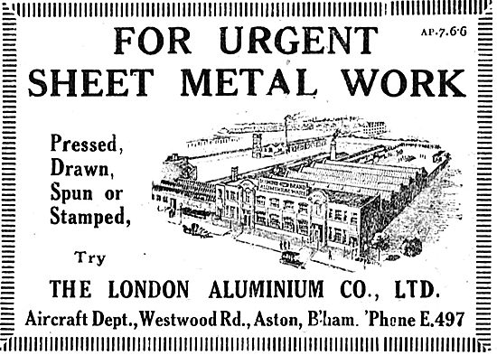 The London Aluminium Co Ltd. Sheet Metal Work For Aircraft       