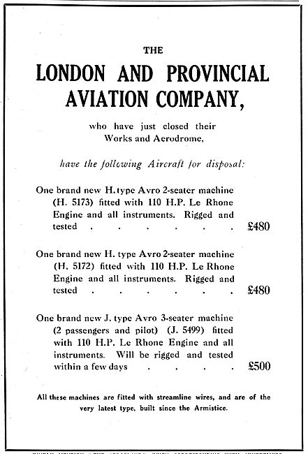 London & Provincial Aviation. Closure Of Works & Aerodrome  1919 