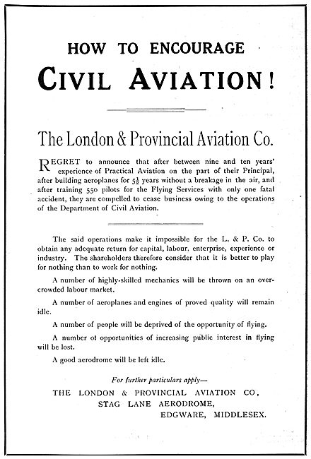 London & Provincial Aviation Company. Stage Lane Aerodrome. 1919 