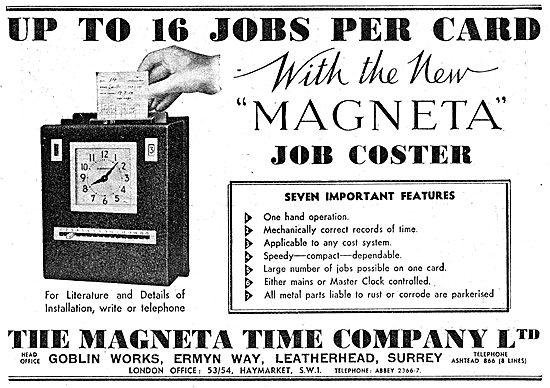 The Magenta Time Company. Factory Job Coster. 1942 Advert        