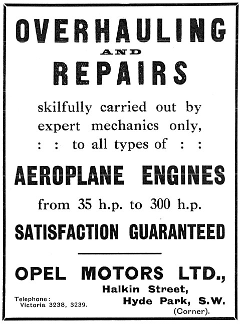 Opel Motors. Halkin St, Hyde Park. Aero Engine Repairs           