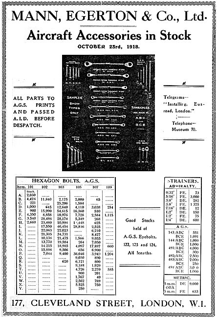 Mann Egerton. Aeronautical Engineers. Aircraft Accessories       