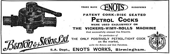 Aircraft Petrol Cocks From Benton & Stone Ltd. Enots Works, Bhm  