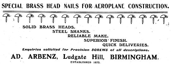 A.D.Arbenz. Ludgate Hill, Bham. Brass Head Nails For Aeroplanes  