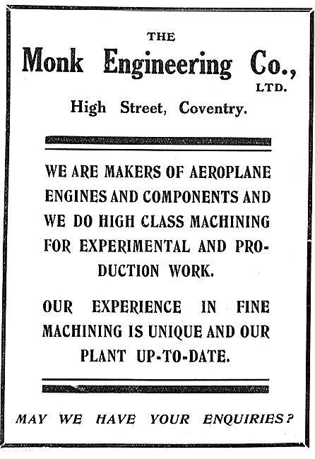 The Monk Engineering Co. High St Coventry. Aeroplane Engines     