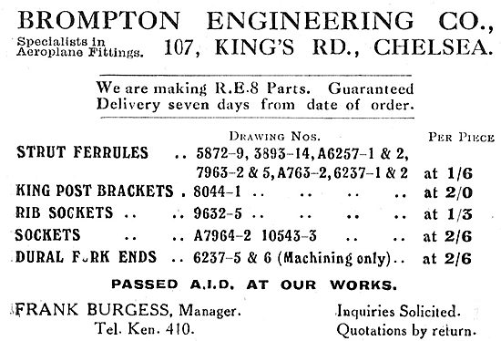 Brompton Engineering Co - AID Approved RE8 Aircraft Parts        