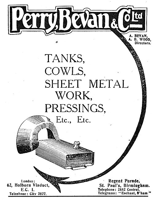 Perry, Bevan & Co: Aeroplane Tanks & Cowls                       