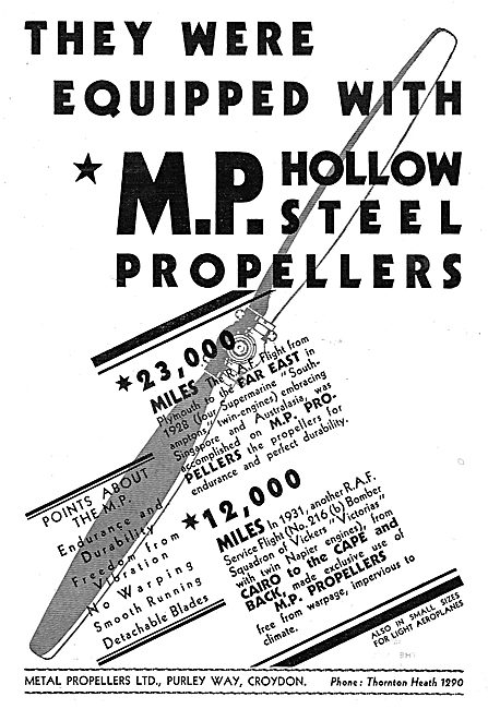 Metal Propellers Ltd . Purley Way, Croydon. MP Hollow Sreel Props