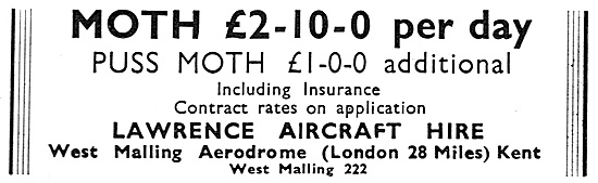 Lawrence Aircraft Hire. West Malling. 1936 Advert                