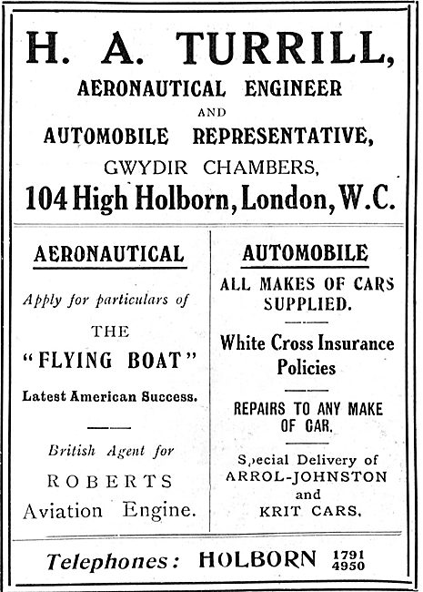 H.A.Turrill Aeronautical Engineer. Agent For Roberts Aero Engines