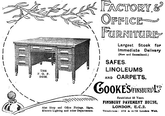 Cooke's Finsbury - Office Equipment & Furniture. 1919 Advert     