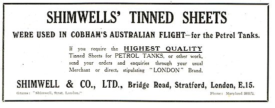Shimwells' Tinned Sheets Used In Cobham's Australian Flight      