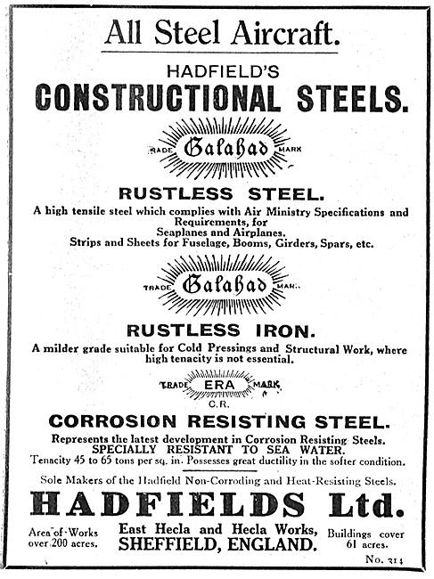 Hadfields Rustless Steel For All Steel Aircraft Manufacturing    