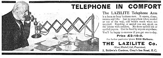 The Lazilite Company - Lazilite Telephone Arm. 1918 Advert       