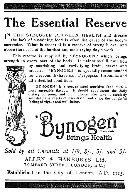 Allen & Hanburys Bynogen Food Supplement - 1919 Advert           