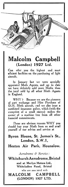 Malcolm Campbell (London) 1927 Ltd. Moth Agents 1929             