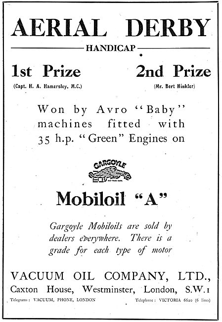 Mobiloil Oil Used By The Aerial Derby Winning Avro Baby          