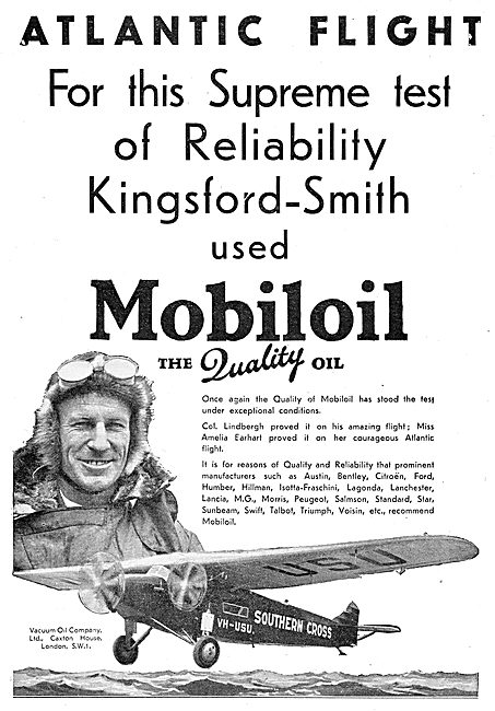 Kingford Smith Relied On Mobiloil For His Atlantic Flight.       