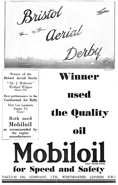 Mobiloil Used By The Winners Of The Bristol Aerial Derby         