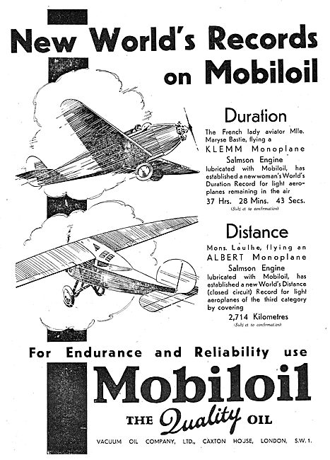 Mlle Maryse Bastie Used Mobiloil For Her Record Duration Flight  