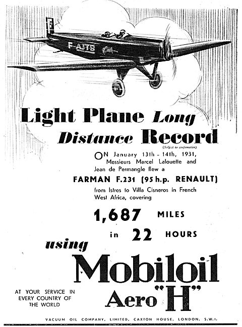 Lalouette Used Mobiloil Aero H On His Record Flight.. Farman F231