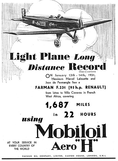 Mobiloil Aero 'H' - 1931 Farman  F.231 Distance Record           