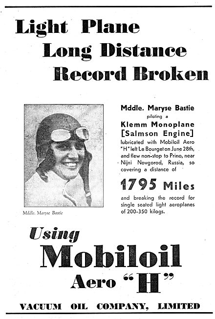 Mobiloil Aero 'H' - Maryse Bastie Klemm Distance Record          