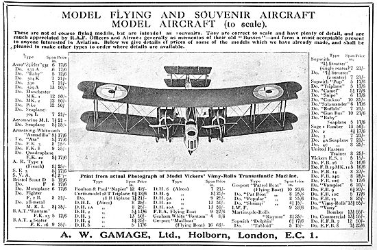 A.W.Gamage Model Flying & Souvenir Aircraft. Listings            