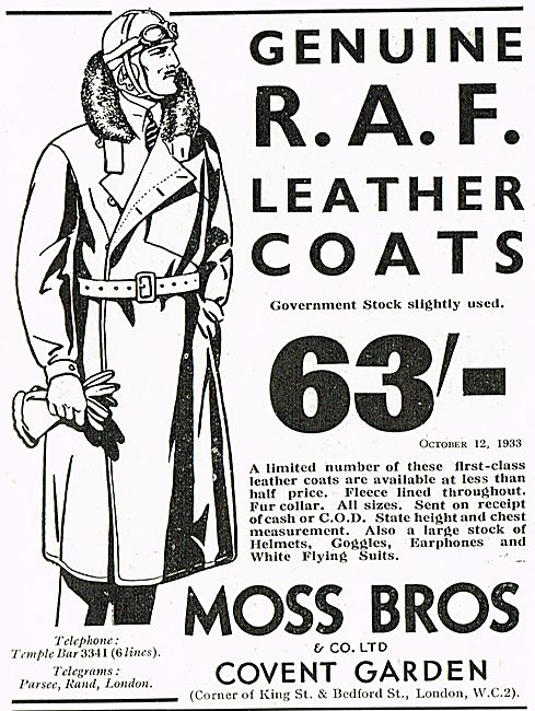 Moss Bros RAF Leather Flying Coats 63/-                          