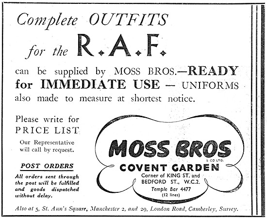 Moss Bros RAF Uniforms - Moss Bros Military Tailors 1939         