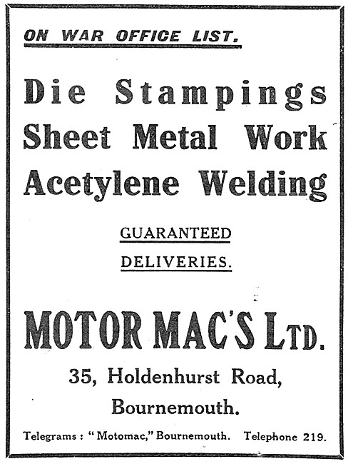 Motor Macs. Engineers. Aircraft Die Stampings & Sheet Metal Work 