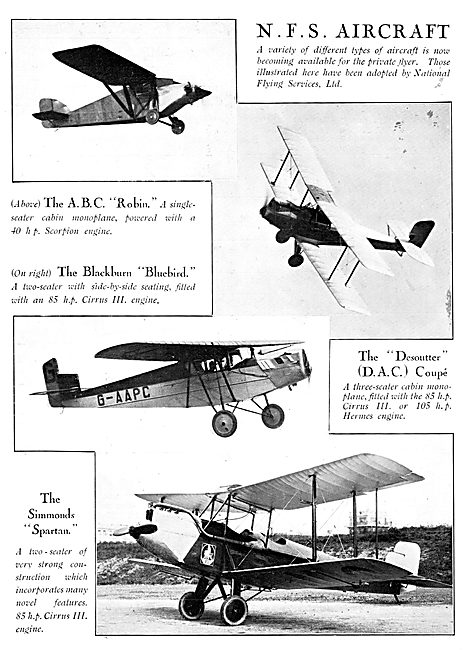 National Flying Services Aircraft Types 1929                     