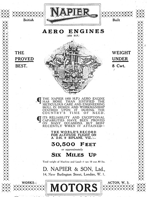 Napier Aero Engines. Napier 450 HP Aircraft Engine 1917          