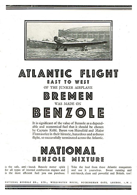 Kohl's Atlantic Flight Junkers Used National Benzole Fuel        