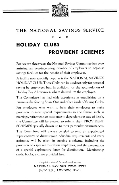 National Savings Committee. Holiday Clubs & Provident Schemes    