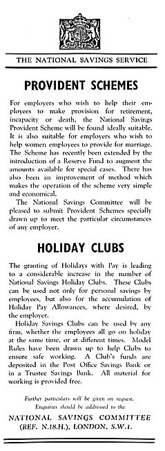 National Savings Committee. Holiday Clubs & Provident Schemes    