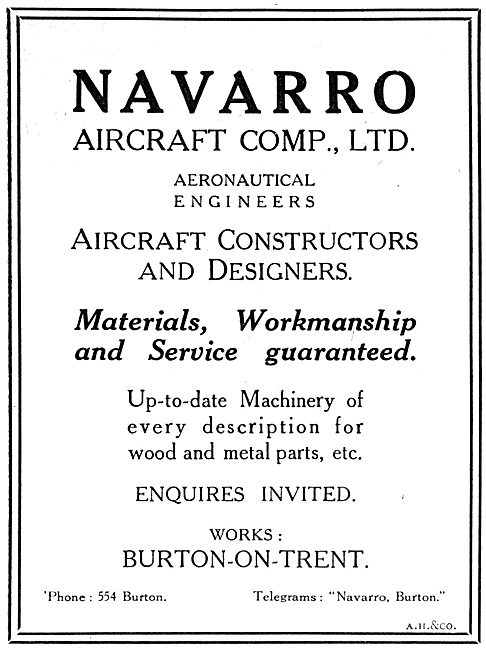 Navarro Aircraft Co. Burton-On-Trent. Aircraft Builders          