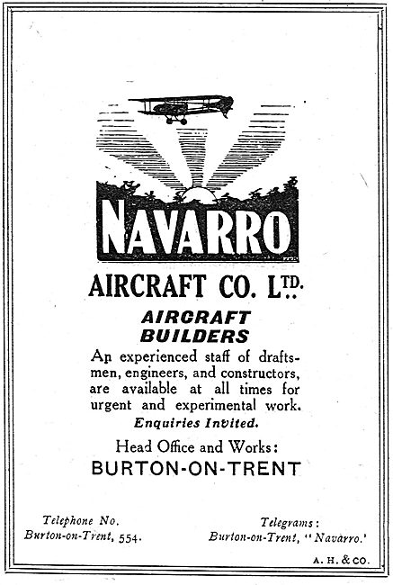Navarro Aircraft Co. Burton-On-Trent. Aircraft Builders          