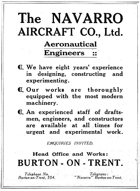 Navarro Aircraft Co. Burton-On-Trent. Aeronautical Engineers     